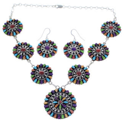Multicolor Southwest Sterling Silver Link Necklace Set PX37831
